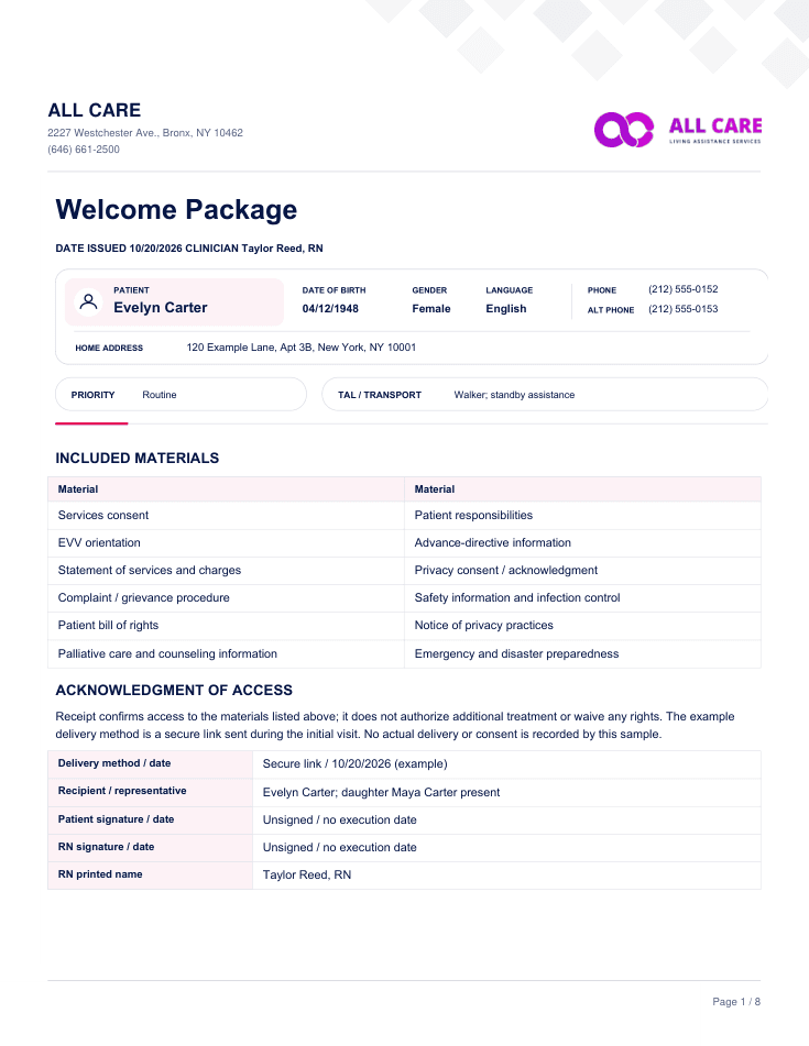 First page of Welcome Package