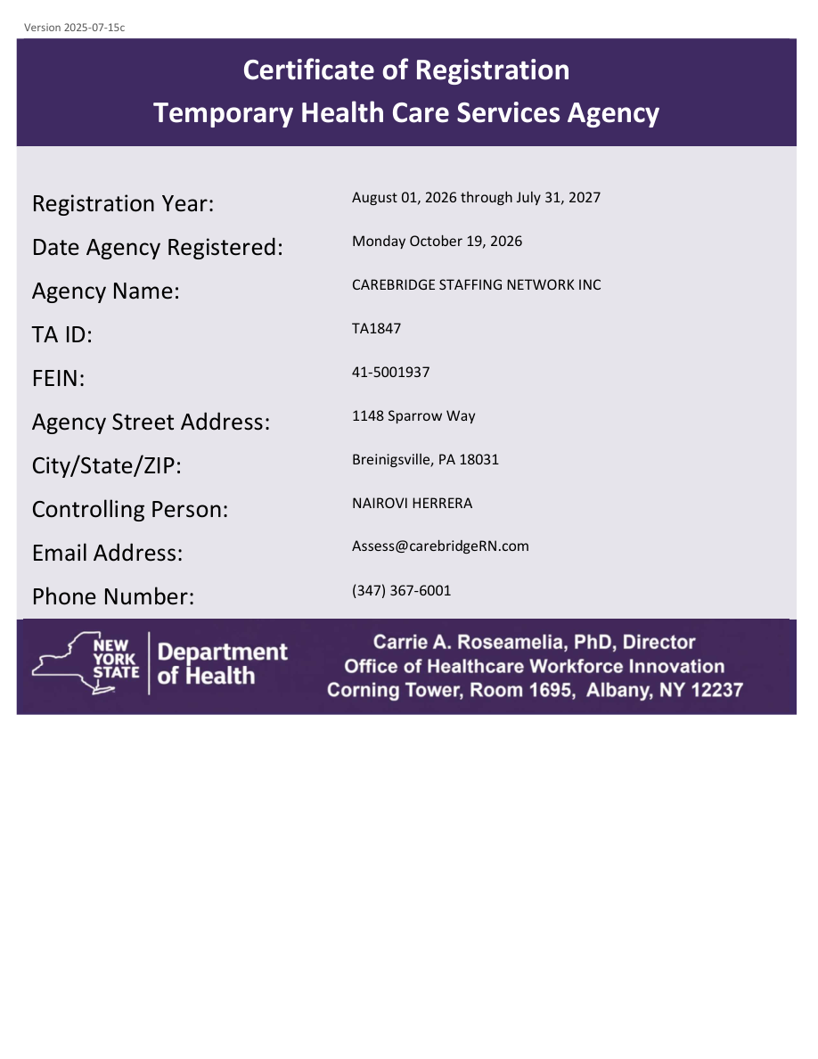 New York State Department of Health Certificate of Registration for CareBridge Staffing Network Inc, valid August 1, 2026 through July 31, 2027